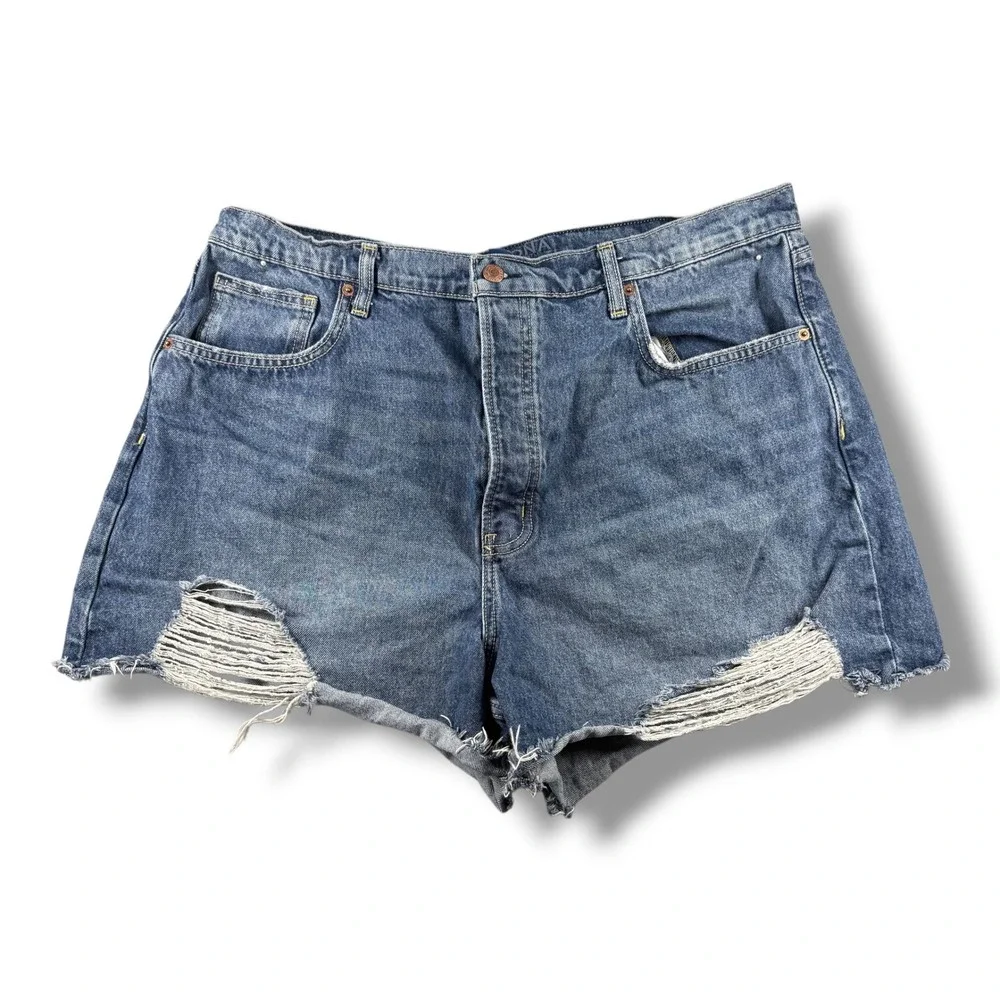 Arizona Jean Co Women's 21 High Rise Distressed Denim Shorts Button Fly Blue